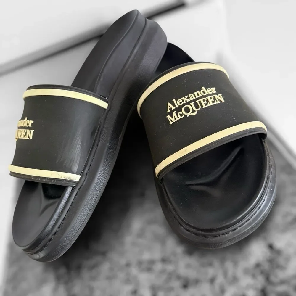 Alexander McQueen Black and Gold Slide Sandals